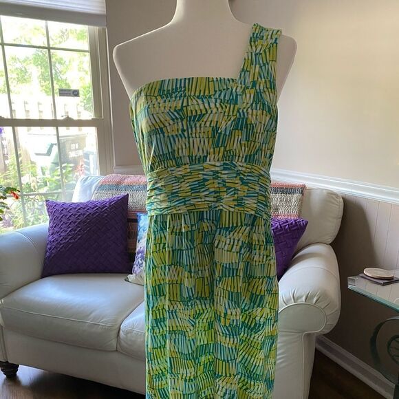 Gianni Bini One Shoulder Dress Yellow Turquoise White Pleated High Waist Sz L - Picture 1 of 6